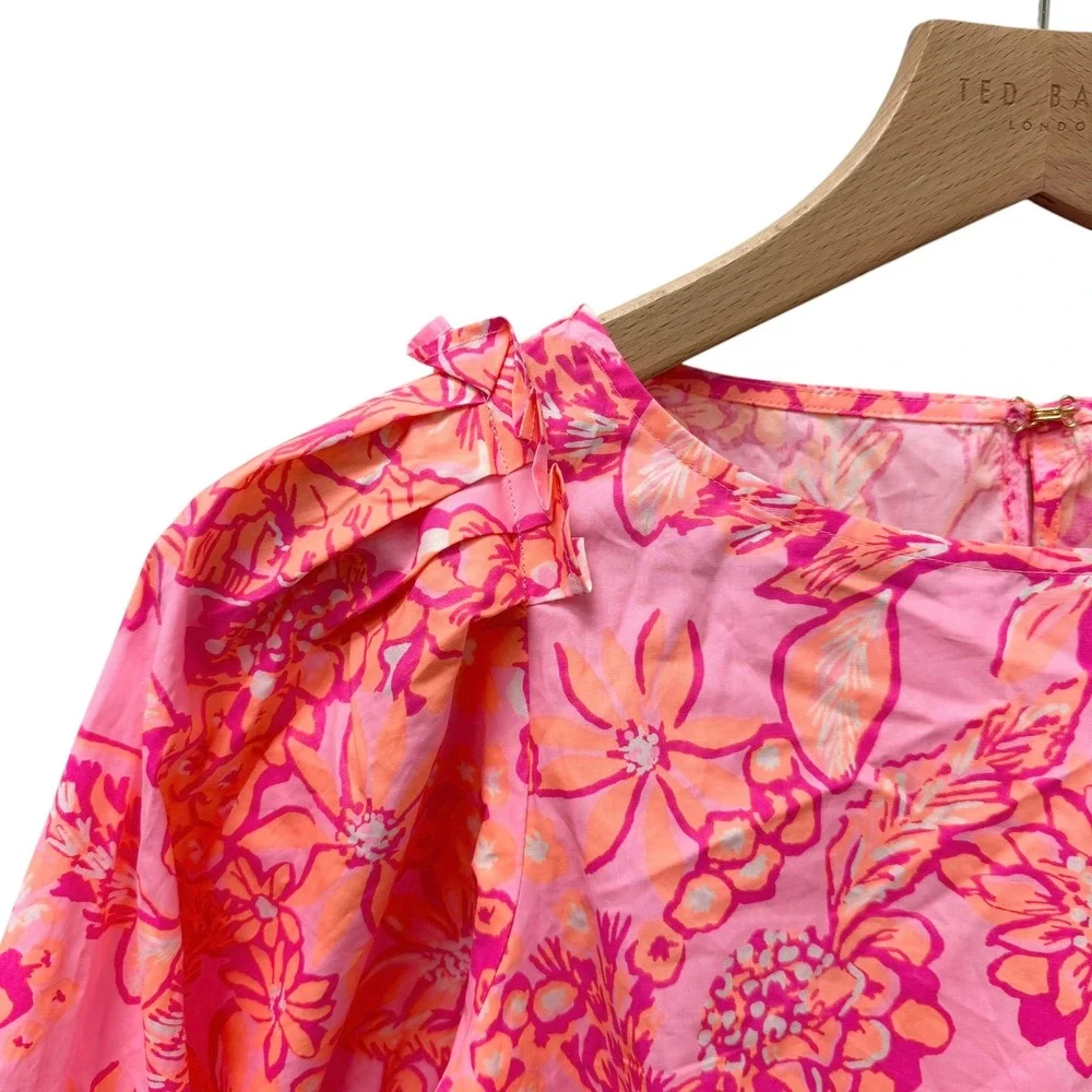 Lilly Pulitzer Pink Orange Floral Puff Sleeve Cotton Blouse Top XS